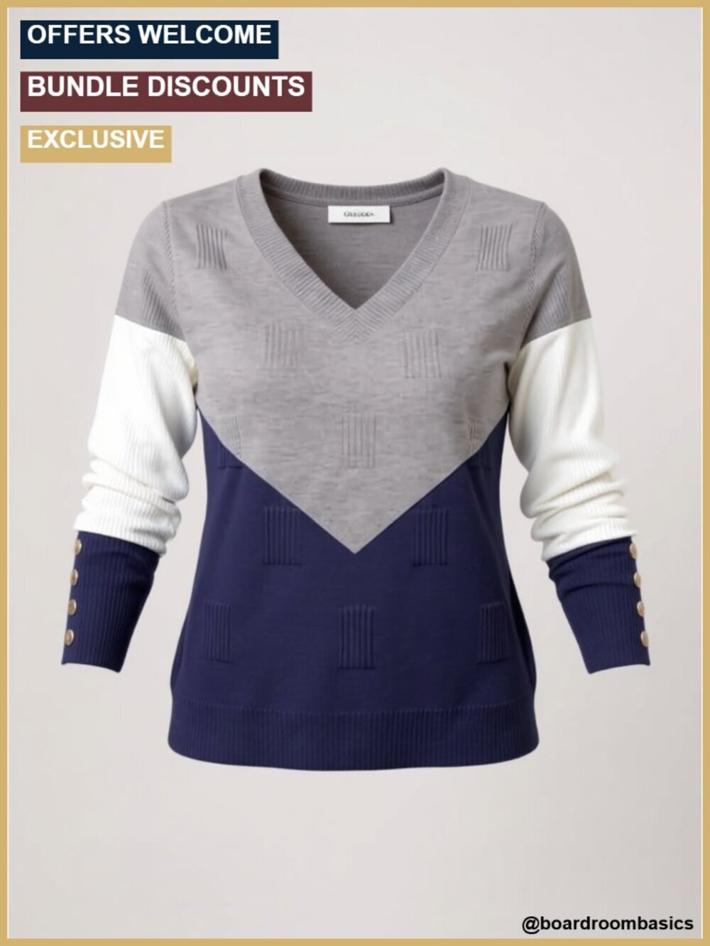 V-Neck Pullover Sweater with Button Cuffs Lightweight Ribbed Knit
